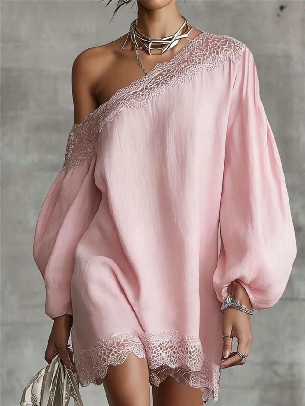 One-Shoulder Lace Trimmed Puff Sleeve Mini Dress